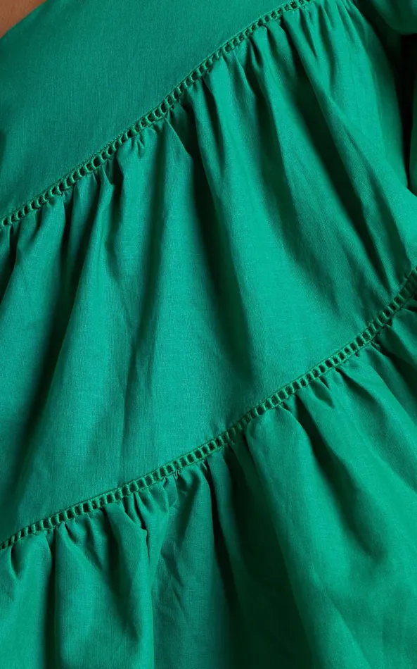 Showpo Harleen Mini Dress 8211 Linen Look Asymmetrical Trim Puff Sleeve Dress In Green Women Dresses
