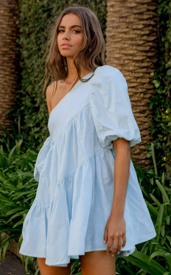 Showpo Harleen Mini Dress 8211 Linen Look Asymmetrical Trim Puff Sleeve Dress In Light Blue Women Curve Clothes Showpo Harleen Mini Dress 8211 Linen Look Asymmetrical Trim Puff Sleeve Dress In Light Blue Women Curve Clothes