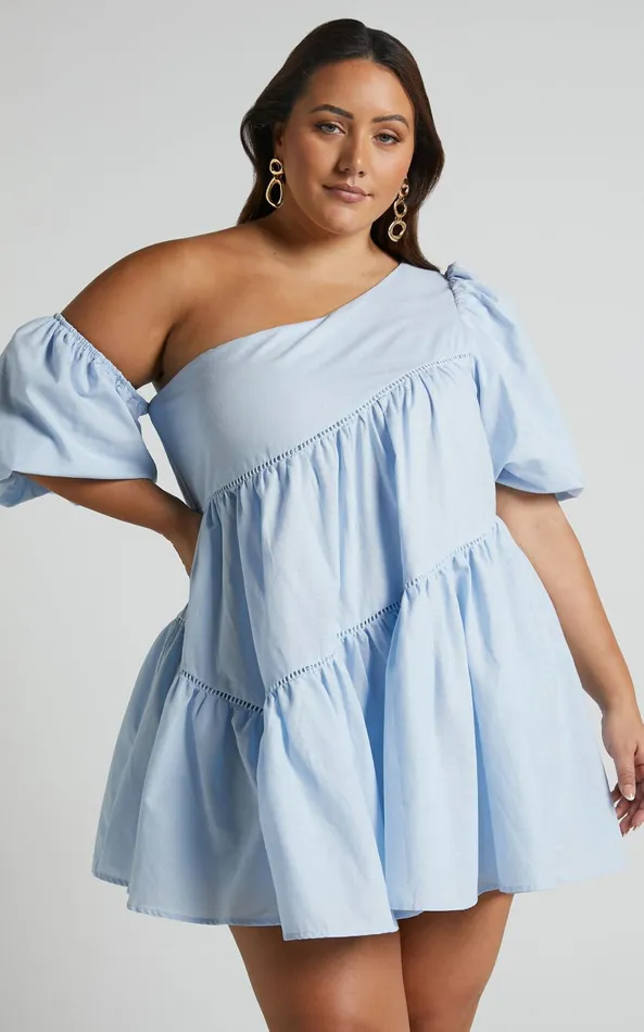 Showpo Harleen Mini Dress 8211 Linen Look Asymmetrical Trim Puff Sleeve Dress In Light Blue Women Curve Clothes