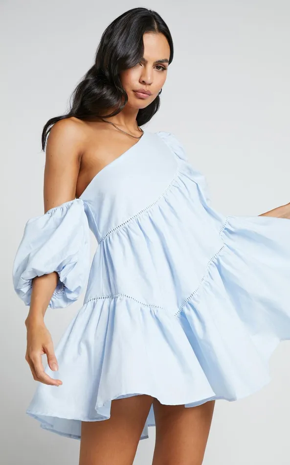 Showpo Harleen Mini Dress 8211 Linen Look Asymmetrical Trim Puff Sleeve Dress In Light Blue Women Curve Clothes