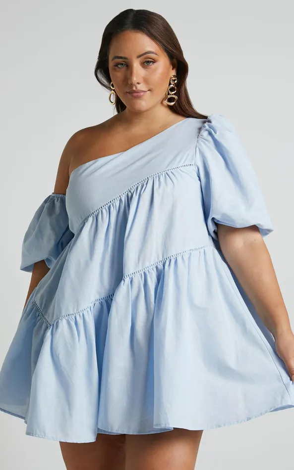 Showpo Harleen Mini Dress 8211 Linen Look Asymmetrical Trim Puff Sleeve Dress In Light Blue Women Curve Clothes