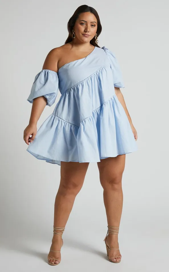 Showpo Harleen Mini Dress 8211 Linen Look Asymmetrical Trim Puff Sleeve Dress In Light Blue Women Curve Clothes