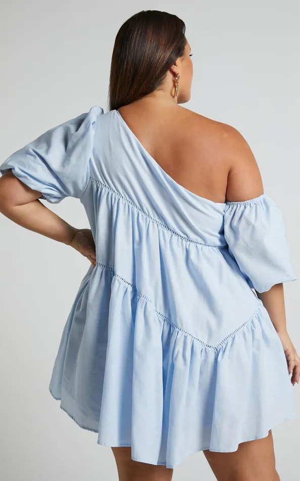 Showpo Harleen Mini Dress 8211 Linen Look Asymmetrical Trim Puff Sleeve Dress In Light Blue Women Curve Clothes