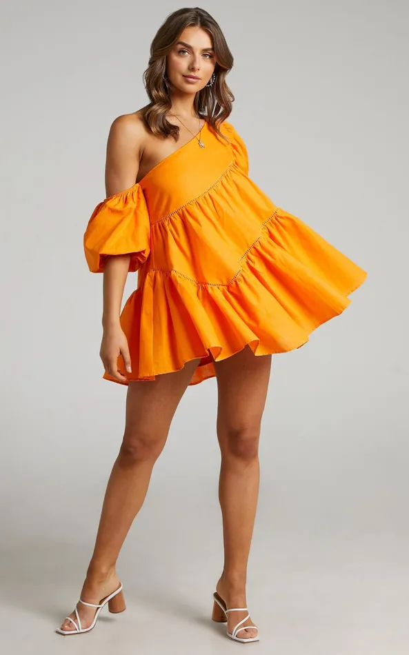 Showpo Harleen Mini Dress 8211 Linen Look Asymmetrical Trim Puff Sleeve Dress In Orange Women Curve Clothes Showpo Harleen Mini Dress 8211 Linen Look Asymmetrical Trim Puff Sleeve Dress In Orange Women Curve Clothes