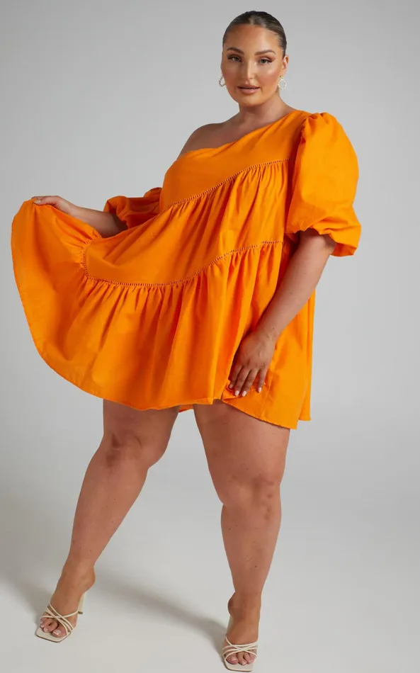 Showpo Harleen Mini Dress 8211 Linen Look Asymmetrical Trim Puff Sleeve Dress In Orange Women Curve Clothes