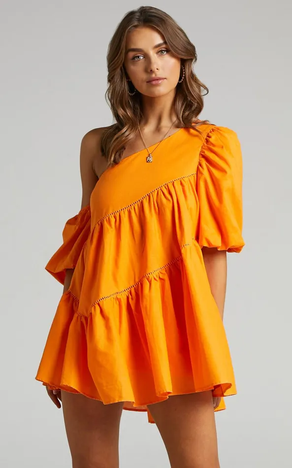 Showpo Harleen Mini Dress 8211 Linen Look Asymmetrical Trim Puff Sleeve Dress In Orange Women Curve Clothes