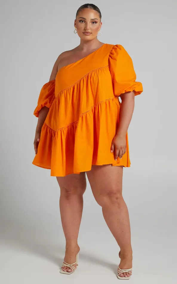 Showpo Harleen Mini Dress 8211 Linen Look Asymmetrical Trim Puff Sleeve Dress In Orange Women Curve Clothes