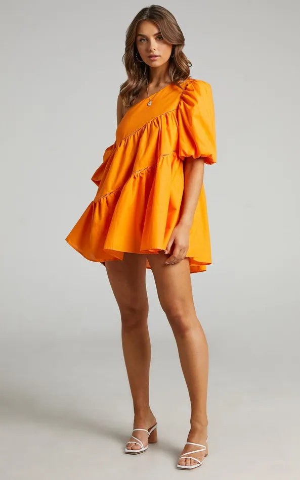 Showpo Harleen Mini Dress 8211 Linen Look Asymmetrical Trim Puff Sleeve Dress In Orange Women Curve Clothes