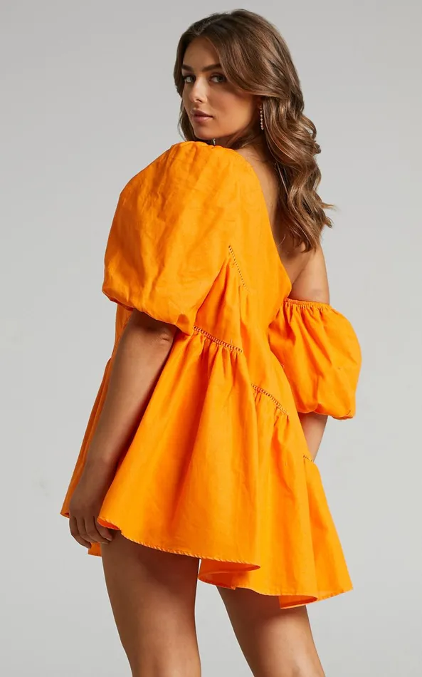 Showpo Harleen Mini Dress 8211 Linen Look Asymmetrical Trim Puff Sleeve Dress In Orange Women Curve Clothes