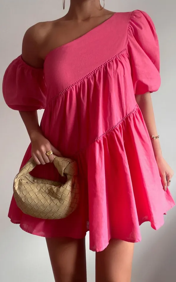 Showpo Harleen Mini Dress 8211 Linen Look Asymmetrical Trim Puff Sleeve Dress In Pink Women Curve Clothes Showpo Harleen Mini Dress 8211 Linen Look Asymmetrical Trim Puff Sleeve Dress In Pink Women Curve Clothes