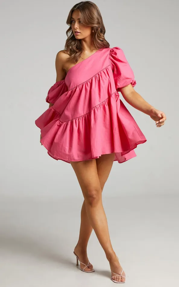Showpo Harleen Mini Dress 8211 Linen Look Asymmetrical Trim Puff Sleeve Dress In Pink Women Curve Clothes