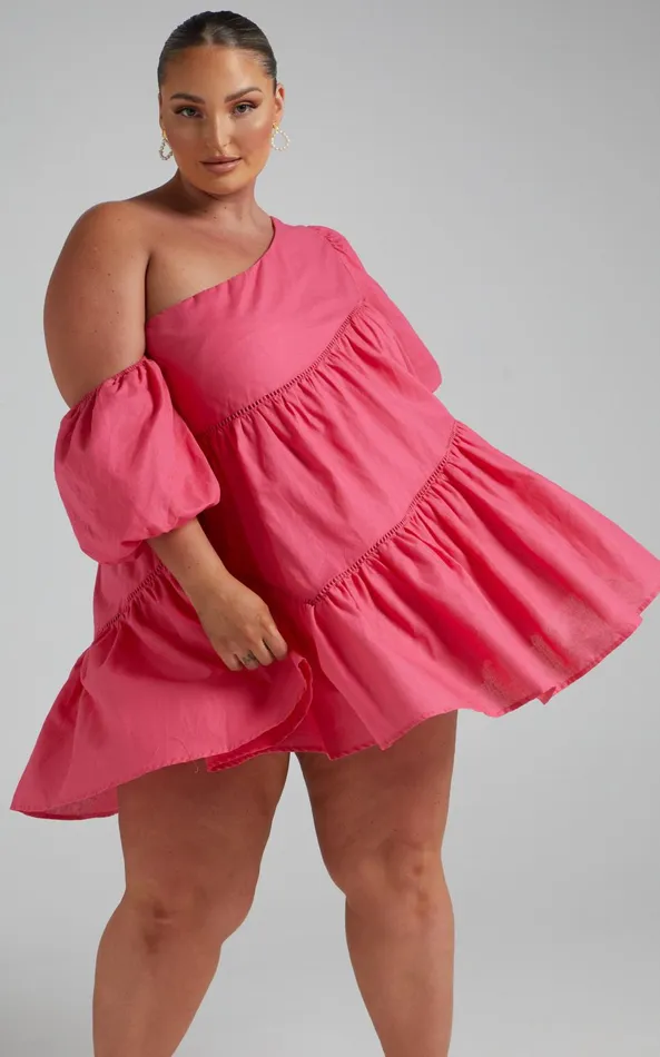 Showpo Harleen Mini Dress 8211 Linen Look Asymmetrical Trim Puff Sleeve Dress In Pink Women Curve Clothes