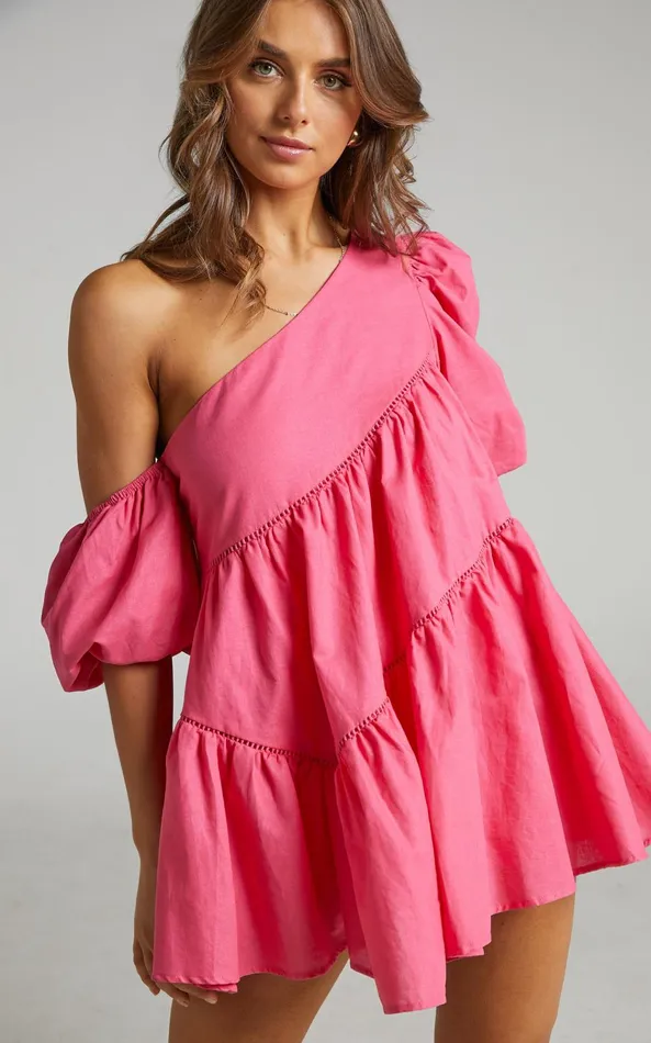 Showpo Harleen Mini Dress 8211 Linen Look Asymmetrical Trim Puff Sleeve Dress In Pink Women Curve Clothes