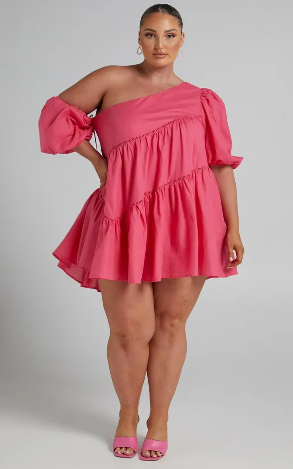 Showpo Harleen Mini Dress 8211 Linen Look Asymmetrical Trim Puff Sleeve Dress In Pink Women Curve Clothes