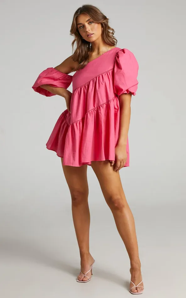 Showpo Harleen Mini Dress 8211 Linen Look Asymmetrical Trim Puff Sleeve Dress In Pink Women Curve Clothes