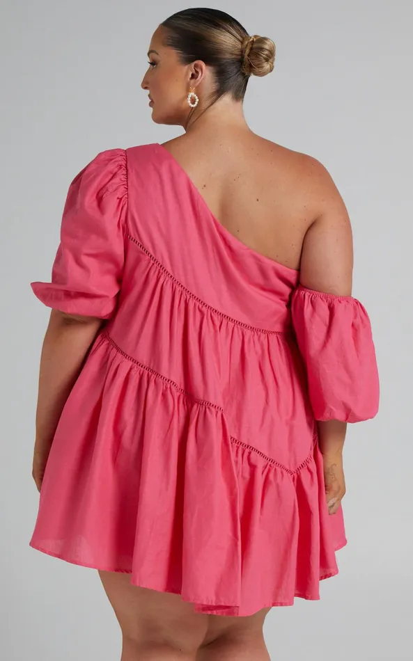 Showpo Harleen Mini Dress 8211 Linen Look Asymmetrical Trim Puff Sleeve Dress In Pink Women Curve Clothes