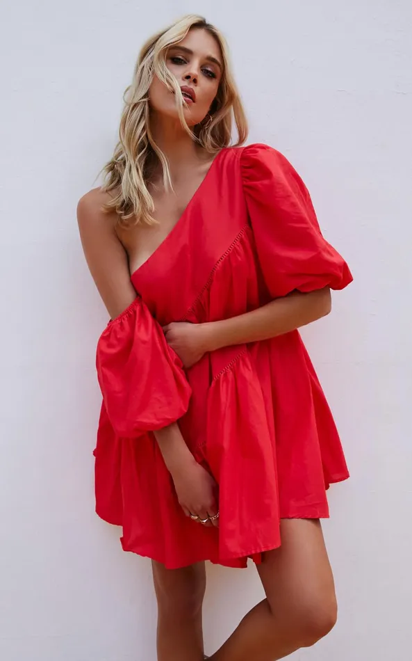 Showpo Harleen Mini Dress 8211 Linen Look Asymmetrical Trim Puff Sleeve Dress In Red Women Dresses Showpo Harleen Mini Dress 8211 Linen Look Asymmetrical Trim Puff Sleeve Dress In Red Women Dresses