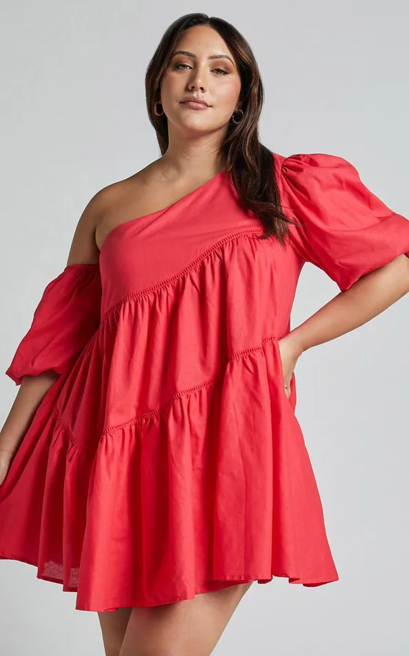 Showpo Harleen Mini Dress 8211 Linen Look Asymmetrical Trim Puff Sleeve Dress In Red Women Dresses