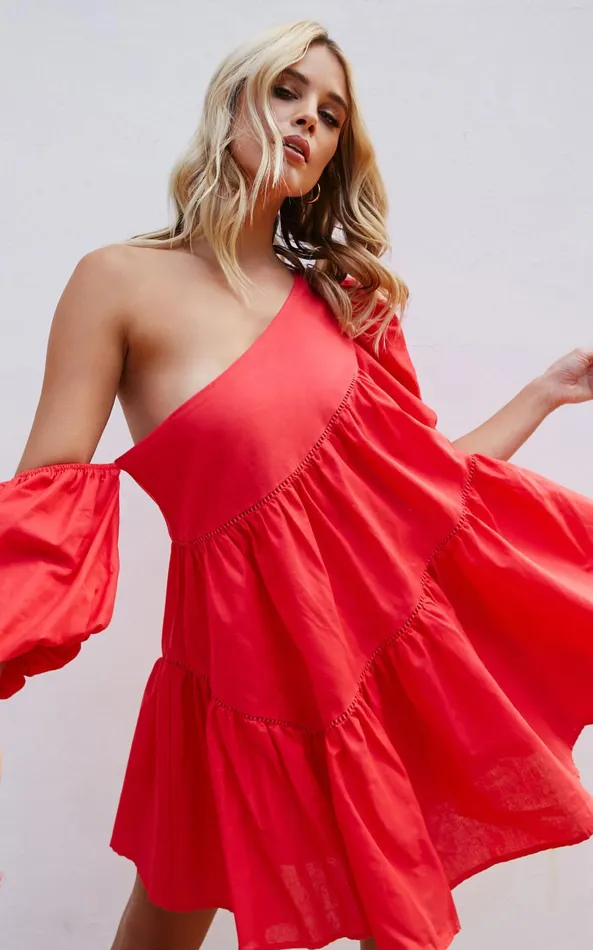 Showpo Harleen Mini Dress 8211 Linen Look Asymmetrical Trim Puff Sleeve Dress In Red Women Dresses