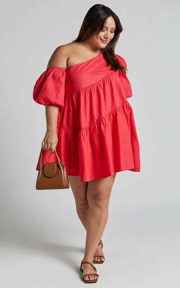 Showpo Harleen Mini Dress 8211 Linen Look Asymmetrical Trim Puff Sleeve Dress In Red Women Dresses