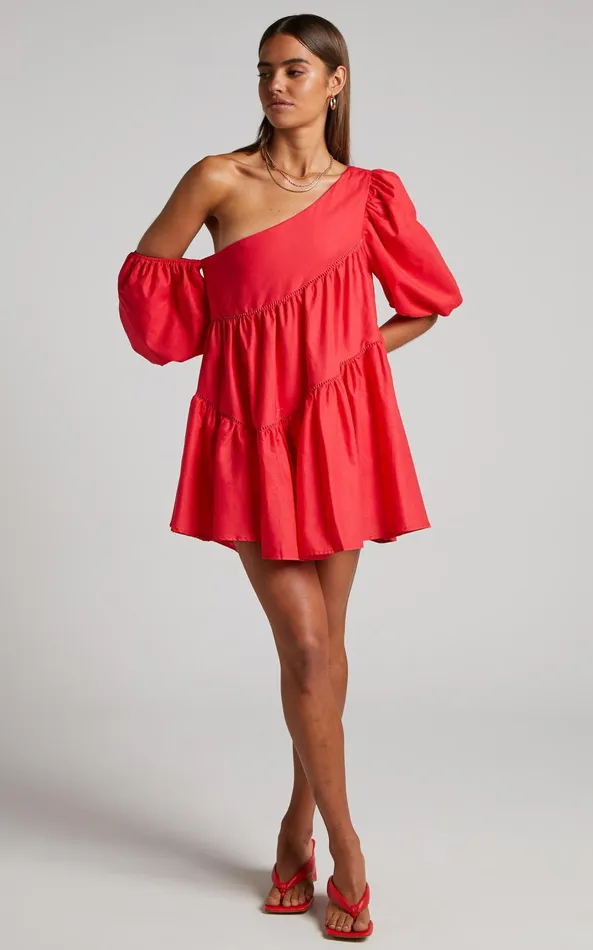 Showpo Harleen Mini Dress 8211 Linen Look Asymmetrical Trim Puff Sleeve Dress In Red Women Dresses
