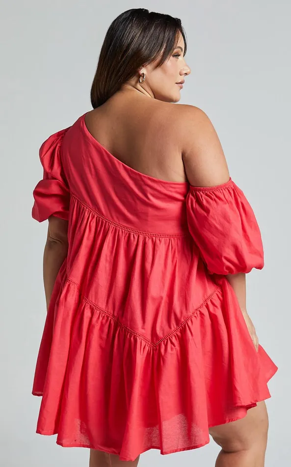 Showpo Harleen Mini Dress 8211 Linen Look Asymmetrical Trim Puff Sleeve Dress In Red Women Dresses