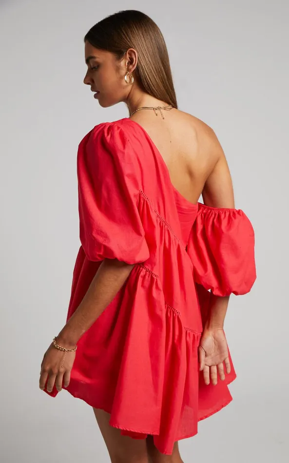 Showpo Harleen Mini Dress 8211 Linen Look Asymmetrical Trim Puff Sleeve Dress In Red Women Dresses