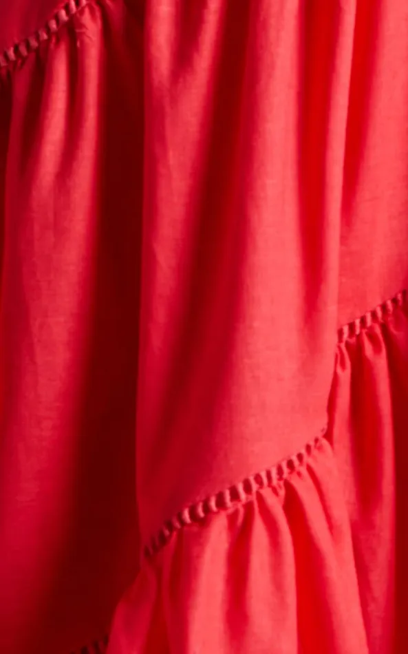 Showpo Harleen Mini Dress 8211 Linen Look Asymmetrical Trim Puff Sleeve Dress In Red Women Dresses