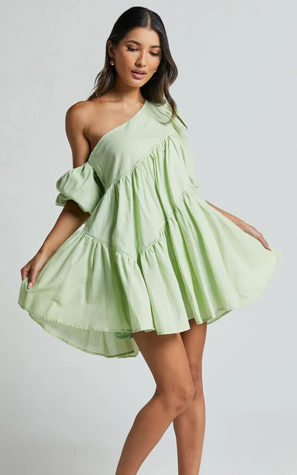 Showpo Harleen Mini Dress 8211 Linen Look Asymmetrical Trim Puff Sleeve Dress In Sage Women Curve Clothes