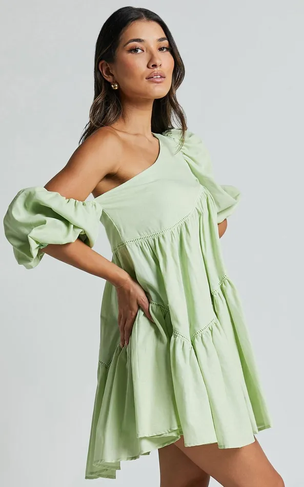 Showpo Harleen Mini Dress 8211 Linen Look Asymmetrical Trim Puff Sleeve Dress In Sage Women Curve Clothes