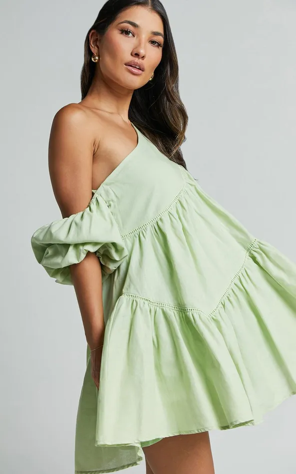 Showpo Harleen Mini Dress 8211 Linen Look Asymmetrical Trim Puff Sleeve Dress In Sage Women Curve Clothes