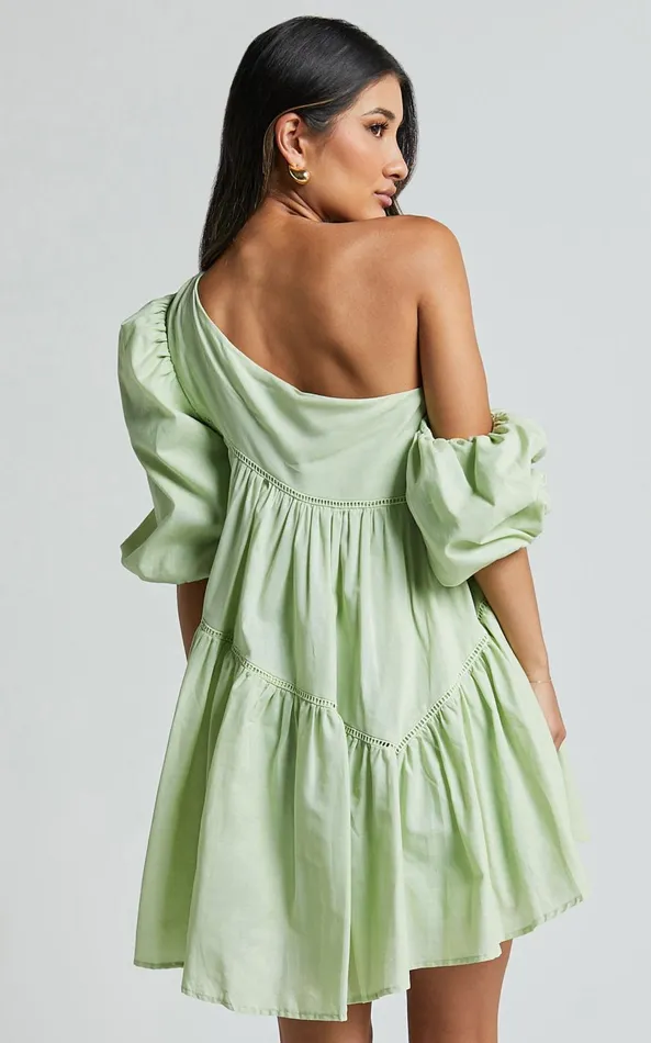 Showpo Harleen Mini Dress 8211 Linen Look Asymmetrical Trim Puff Sleeve Dress In Sage Women Curve Clothes