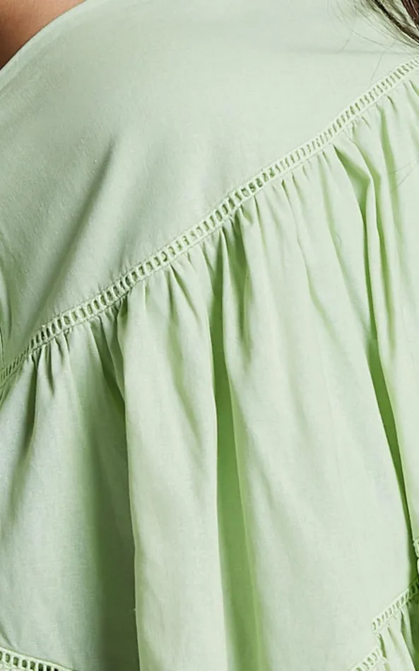 Showpo Harleen Mini Dress 8211 Linen Look Asymmetrical Trim Puff Sleeve Dress In Sage Women Curve Clothes