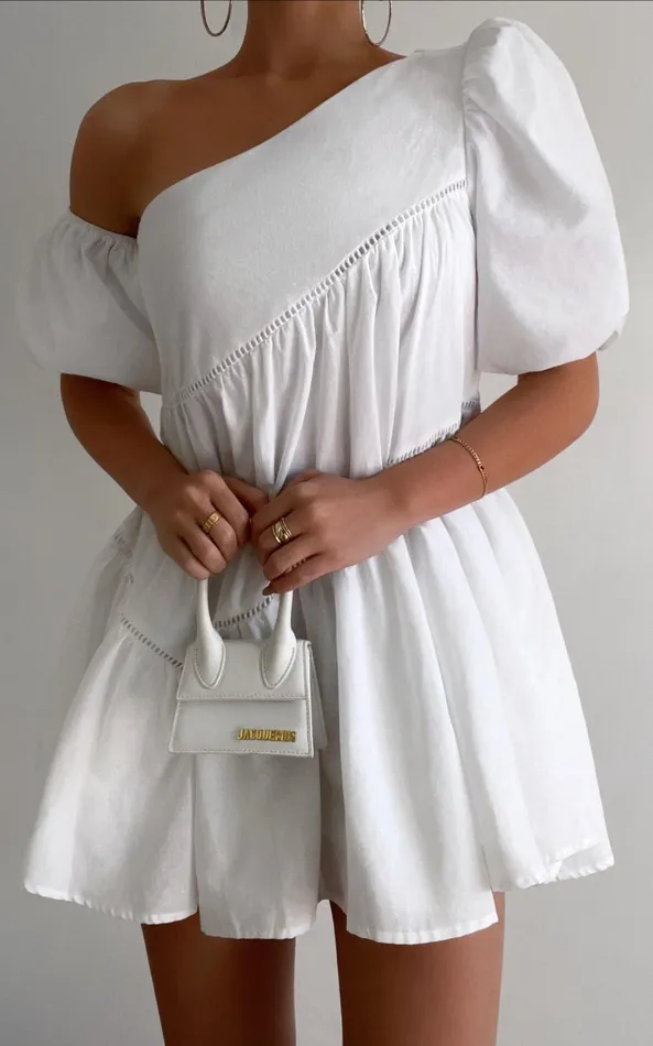 Showpo Harleen Mini Dress 8211 Linen Look Asymmetrical Trim Puff Sleeve Dress In White Women Curve Clothes Showpo Harleen Mini Dress 8211 Linen Look Asymmetrical Trim Puff Sleeve Dress In White Women Curve Clothes