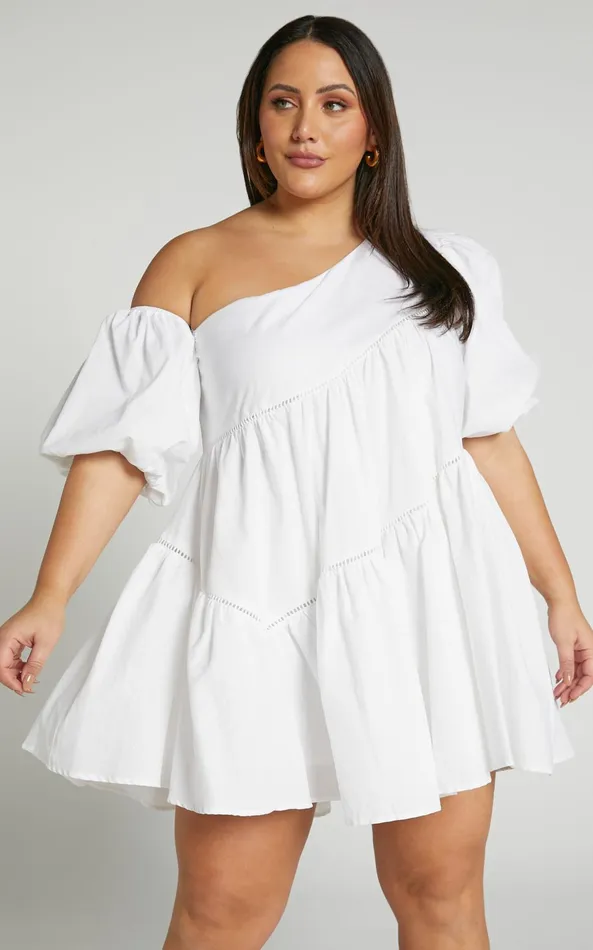 Showpo Harleen Mini Dress 8211 Linen Look Asymmetrical Trim Puff Sleeve Dress In White Women Curve Clothes