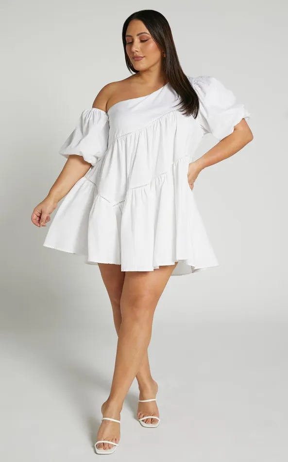 Showpo Harleen Mini Dress 8211 Linen Look Asymmetrical Trim Puff Sleeve Dress In White Women Curve Clothes