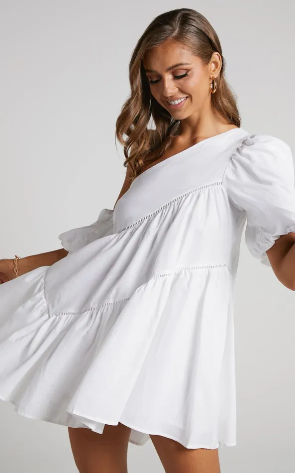 Showpo Harleen Mini Dress 8211 Linen Look Asymmetrical Trim Puff Sleeve Dress In White Women Curve Clothes