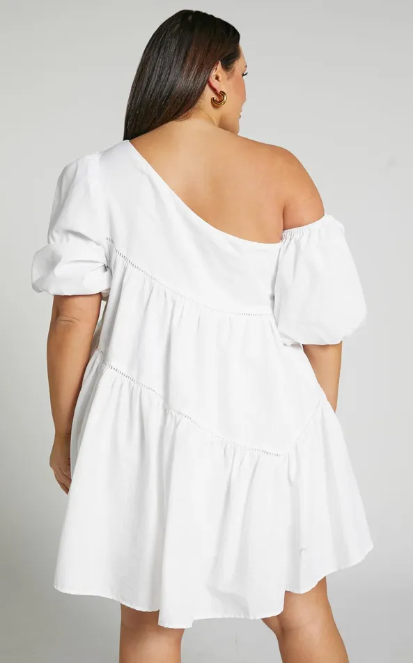 Showpo Harleen Mini Dress 8211 Linen Look Asymmetrical Trim Puff Sleeve Dress In White Women Curve Clothes