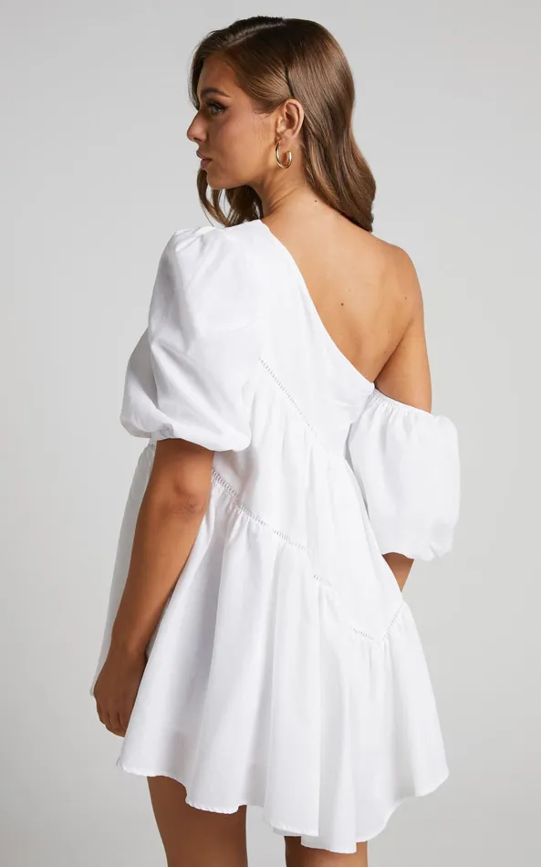 Showpo Harleen Mini Dress 8211 Linen Look Asymmetrical Trim Puff Sleeve Dress In White Women Curve Clothes