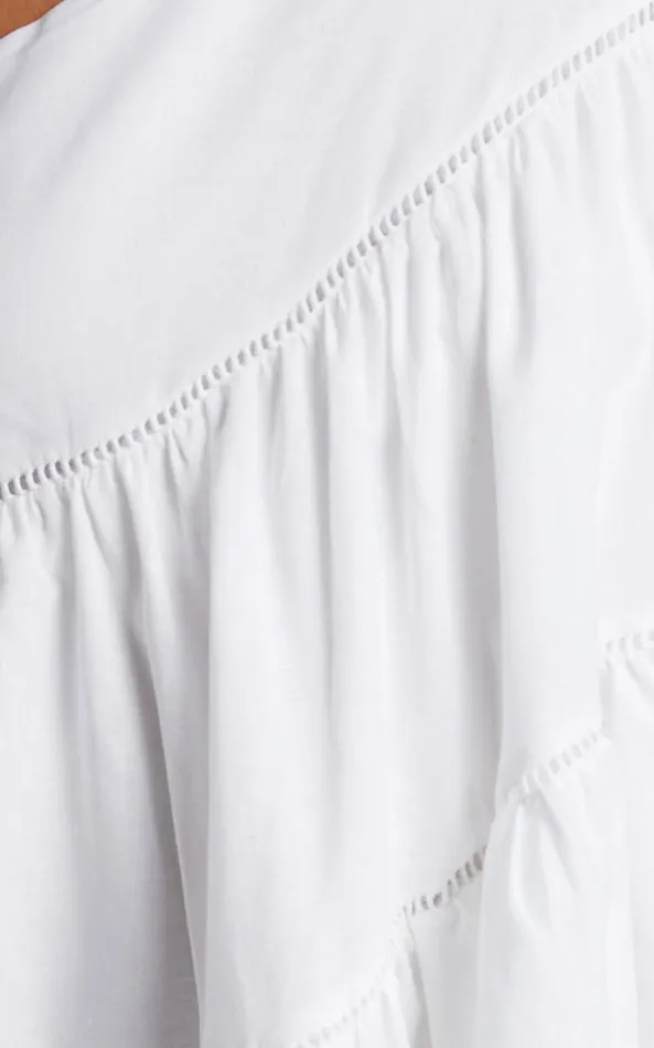 Showpo Harleen Mini Dress 8211 Linen Look Asymmetrical Trim Puff Sleeve Dress In White Women Curve Clothes