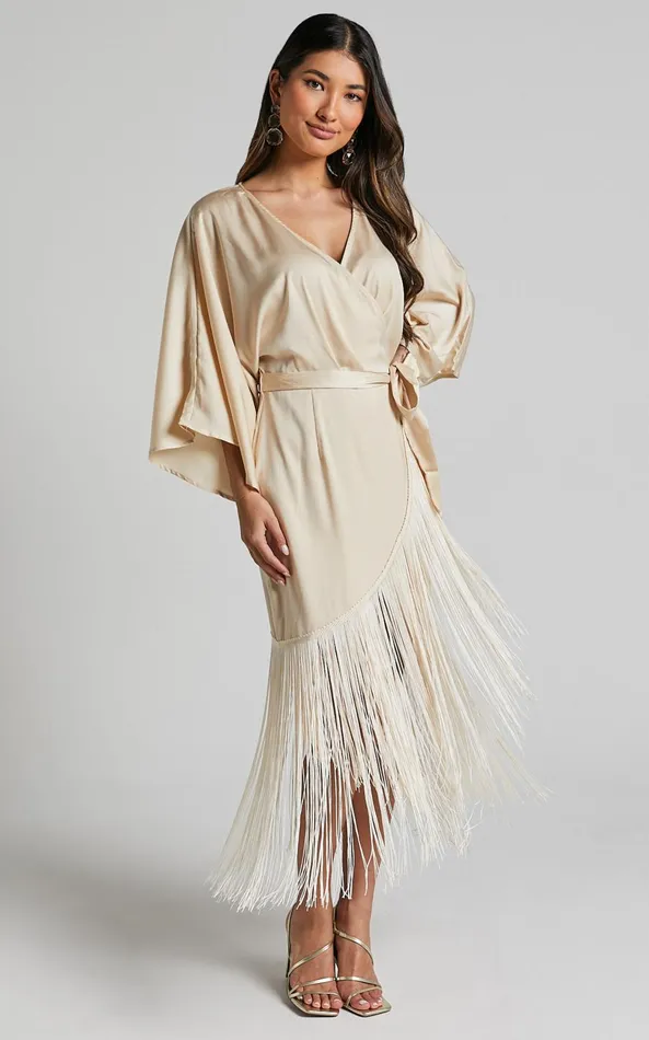 Showpo Harlen Midi Dress 8211 V Neck 34 Sleeve Asymmetric Fringe Hem Wrap Dress In Champagne Women Dresses