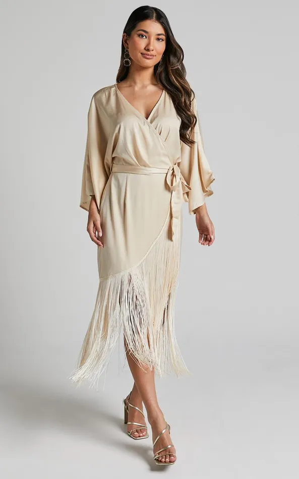 Showpo Harlen Midi Dress 8211 V Neck 34 Sleeve Asymmetric Fringe Hem Wrap Dress In Champagne Women Dresses