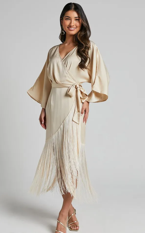 Showpo Harlen Midi Dress 8211 V Neck 34 Sleeve Asymmetric Fringe Hem Wrap Dress In Champagne Women Dresses