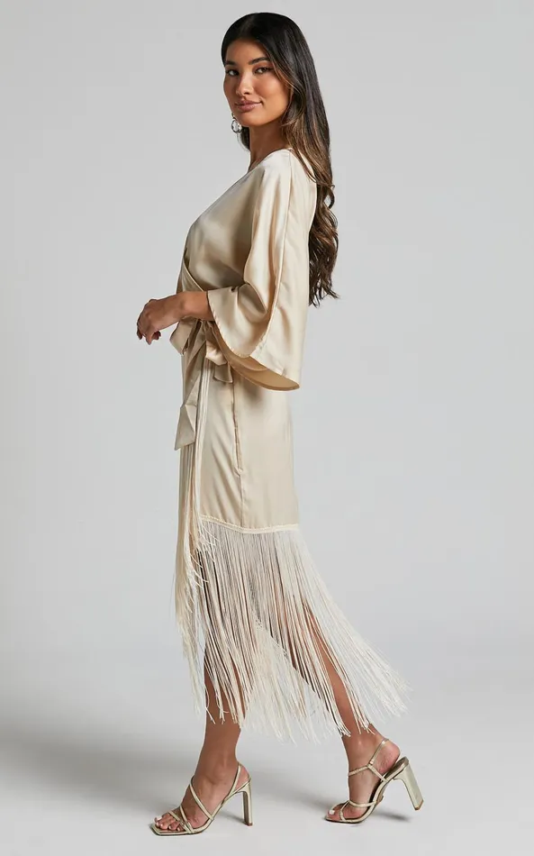 Showpo Harlen Midi Dress 8211 V Neck 34 Sleeve Asymmetric Fringe Hem Wrap Dress In Champagne Women Dresses