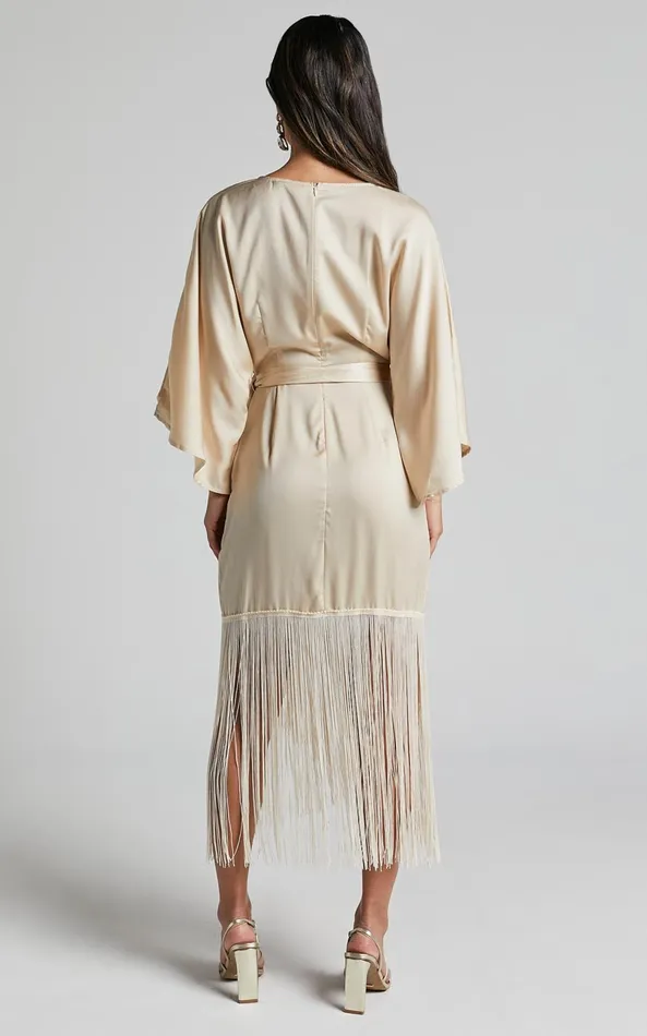 Showpo Harlen Midi Dress 8211 V Neck 34 Sleeve Asymmetric Fringe Hem Wrap Dress In Champagne Women Dresses