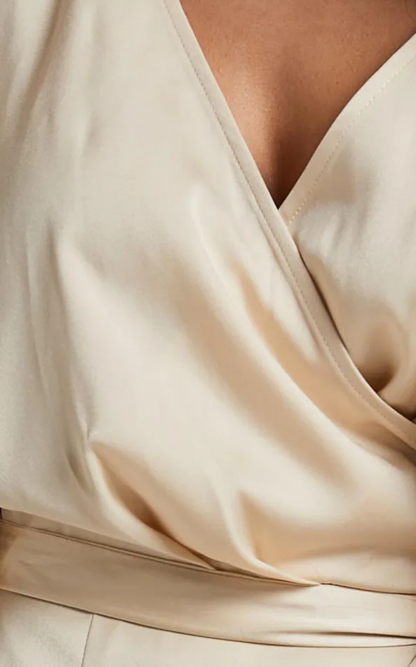 Showpo Harlen Midi Dress 8211 V Neck 34 Sleeve Asymmetric Fringe Hem Wrap Dress In Champagne Women Dresses