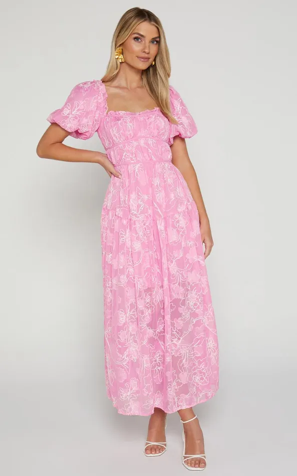 Showpo Harley Midi Dress 8211 Puff Sleeve Dress In Pink Women Dresses