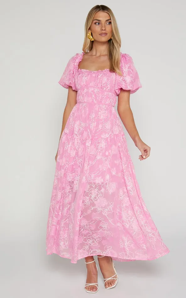 Showpo Harley Midi Dress 8211 Puff Sleeve Dress In Pink Women Dresses