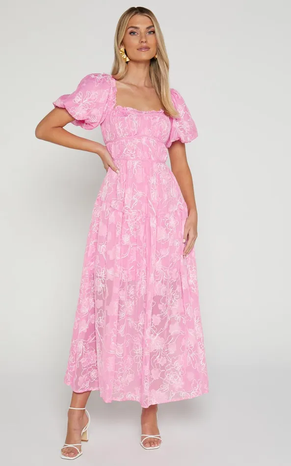 Showpo Harley Midi Dress 8211 Puff Sleeve Dress In Pink Women Dresses