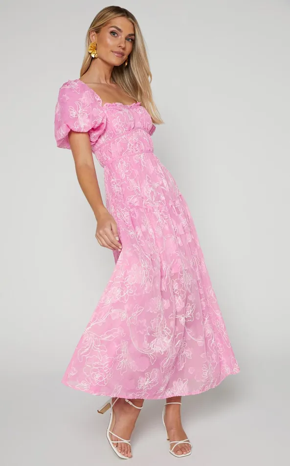 Showpo Harley Midi Dress 8211 Puff Sleeve Dress In Pink Women Dresses
